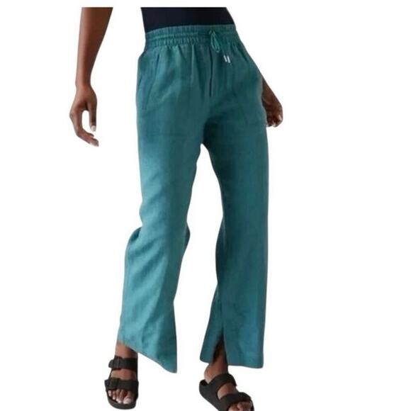 Athleta Teal 100% Linen Pants sz 6 Athleta Retreat Linen High Rise Wide Leg Pant - Picture 1 of 11